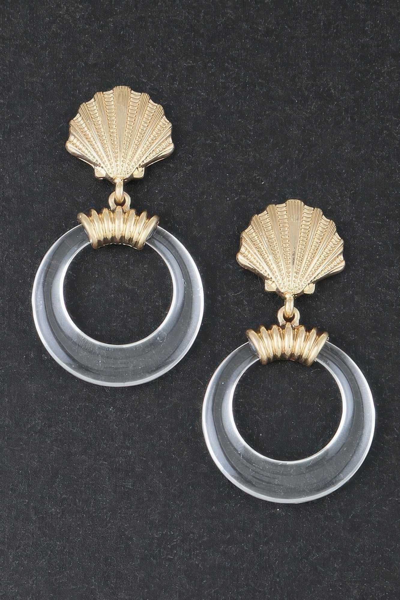 Gold sea shell earrings with clear hoop rings