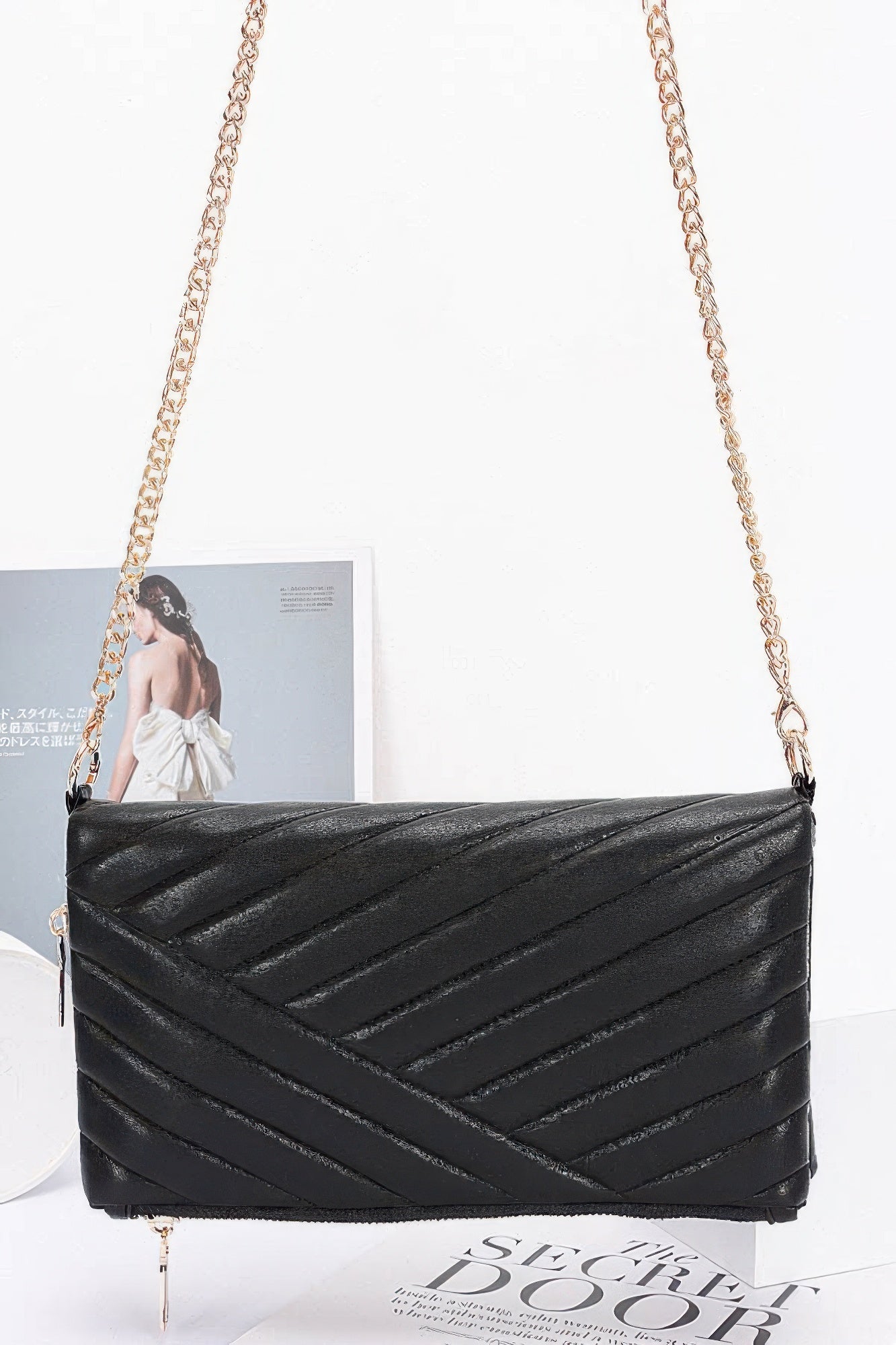 Quilted faux leather shoulder clutch, black with chain strap and zipper top
