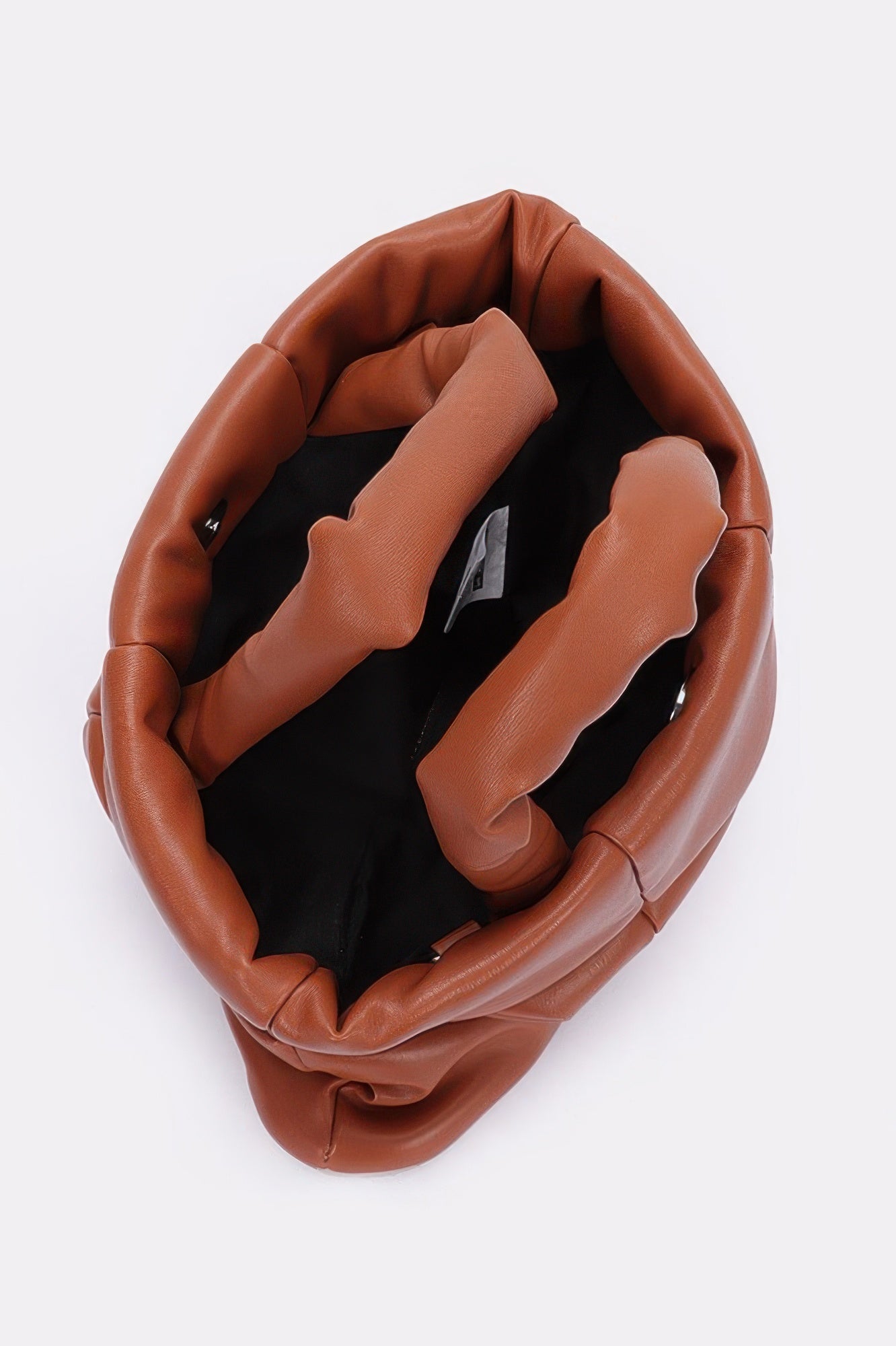 Brown faux leather tote bag interior view with padded walls and inner pockets