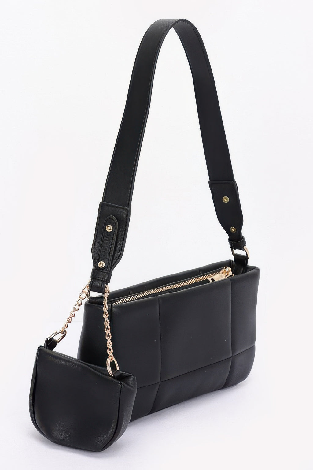 Black quilted shoulder bag with adjustable strap, gold-tone hardware, small pouch