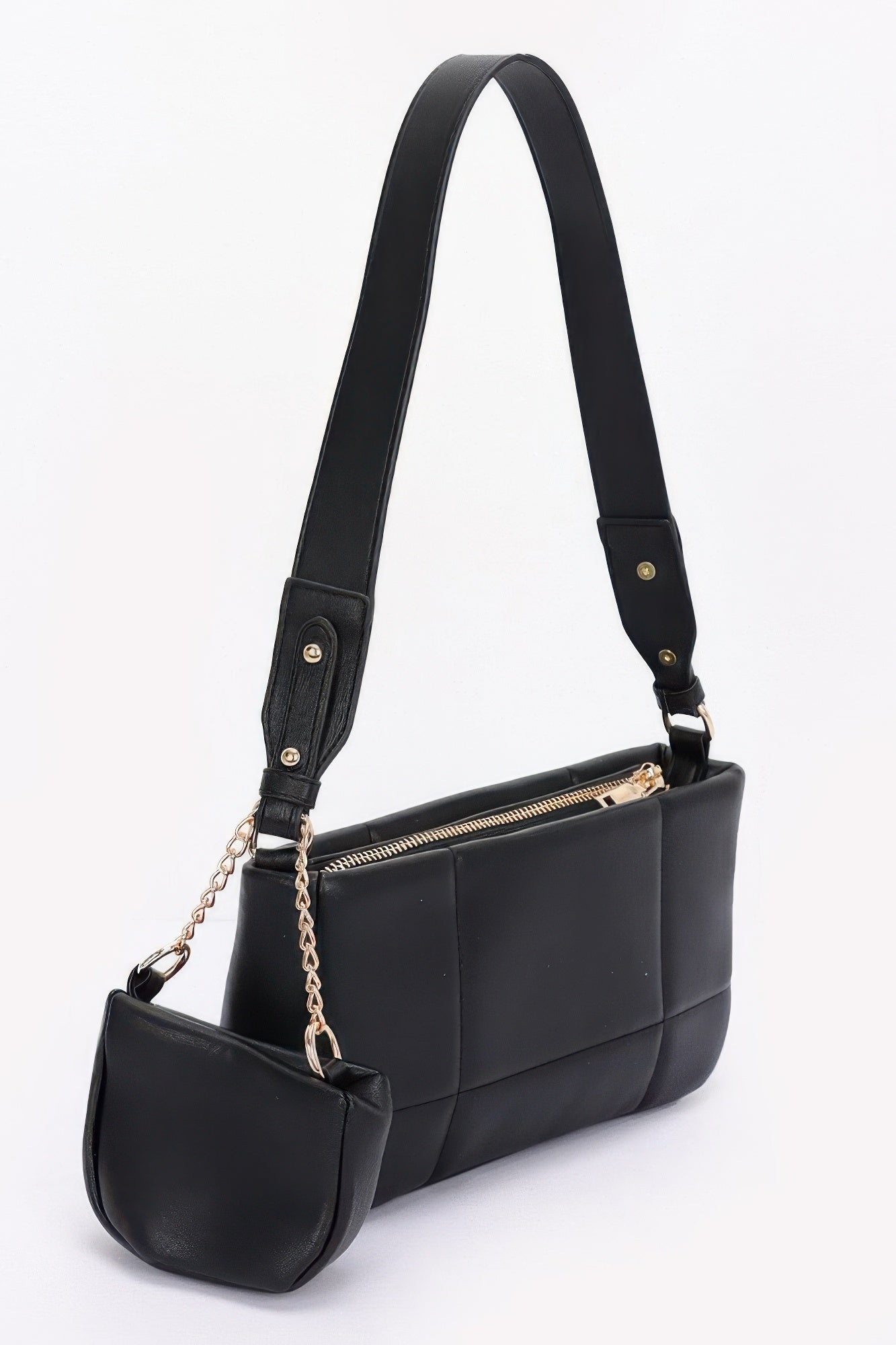 Black quilted shoulder bag with adjustable strap, gold-tone hardware, small pouch