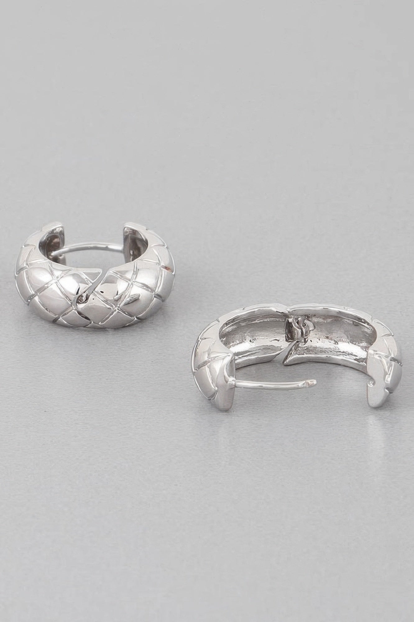 Quilted hoop earrings, silver-tone, textured hoops with hinged clasp shown
