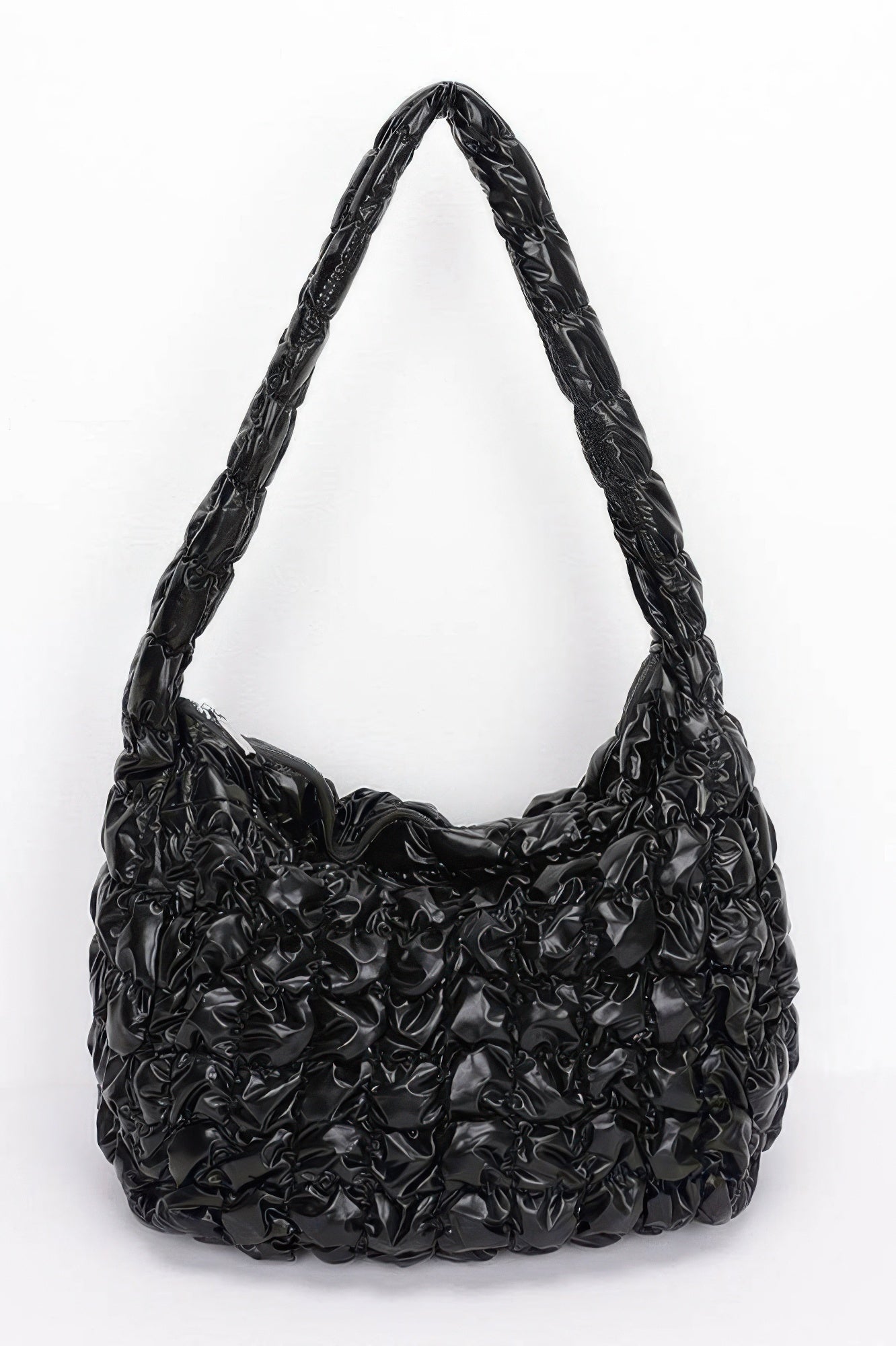 Quilted metallic padded crossbody bag in black, crescent hobo shape and braided strap