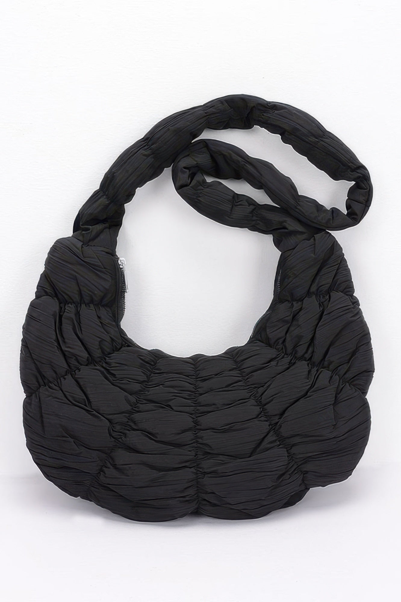 Black quilted nylon padded crossbody bag, gathered fabric with wide shoulder strap