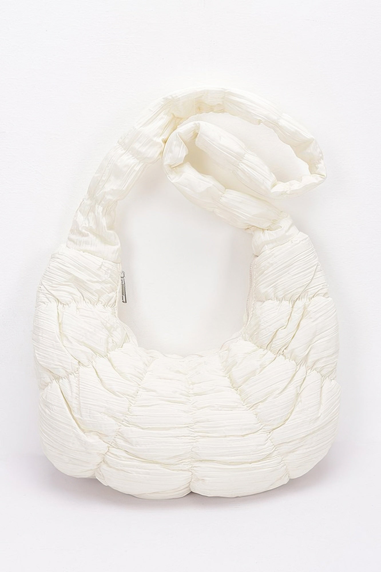 Ivory quilted nylon padded crossbody bag with ruched fabric and zipper pull