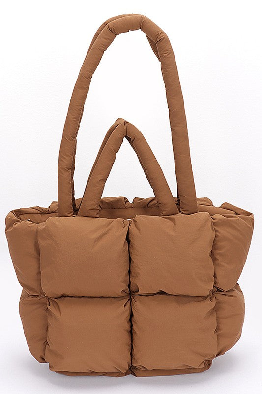 Camel quilted puffer convertible tote bag with two top handles and padded panels