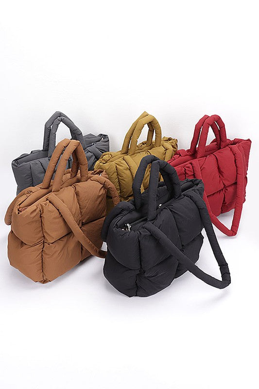 Convertible puffer tote bag set of multiple colors: grey, camel, olive, burgundy, black