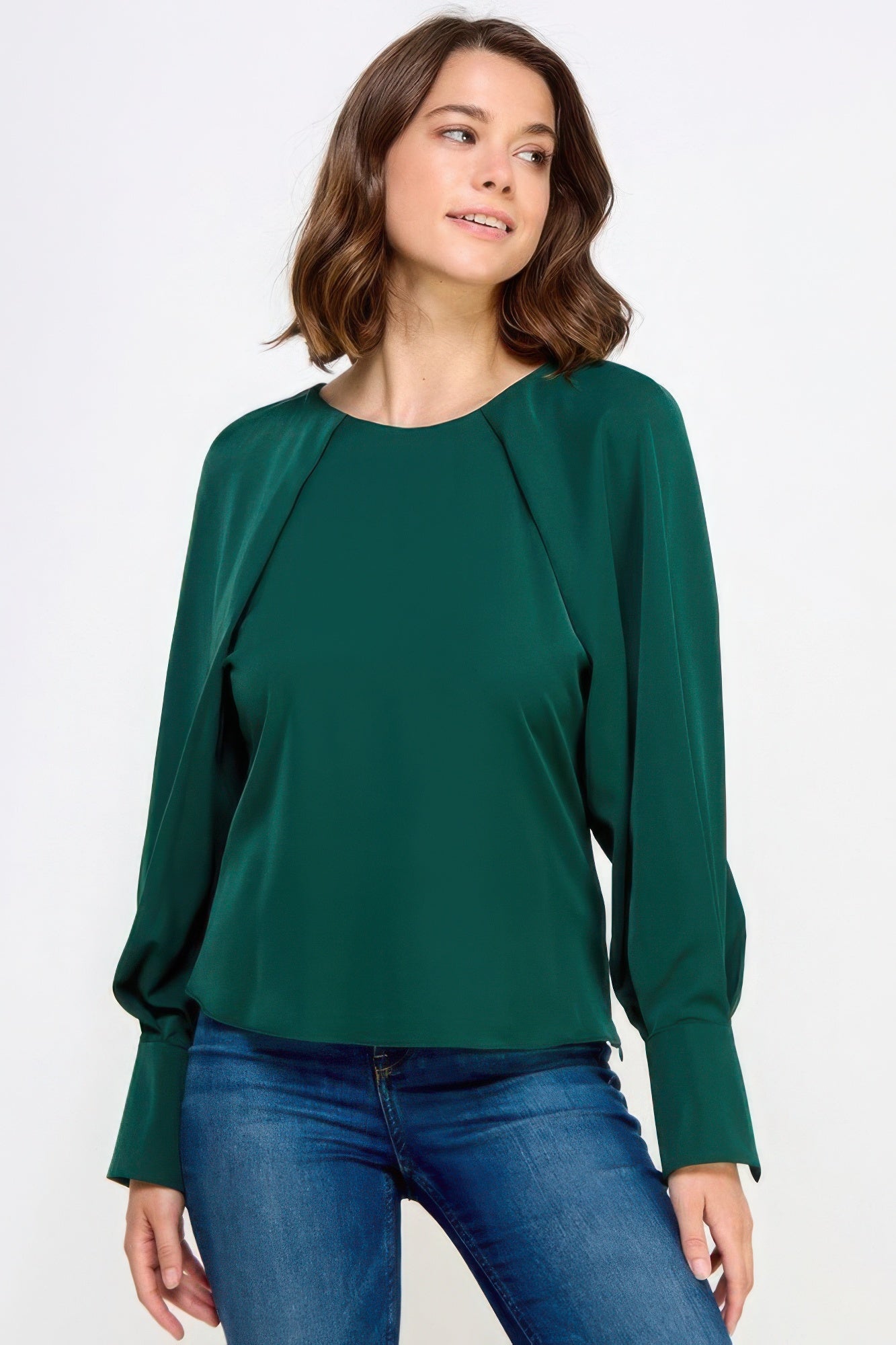 Raglan long sleeve top with back neck tie, hunter green, crew neckline