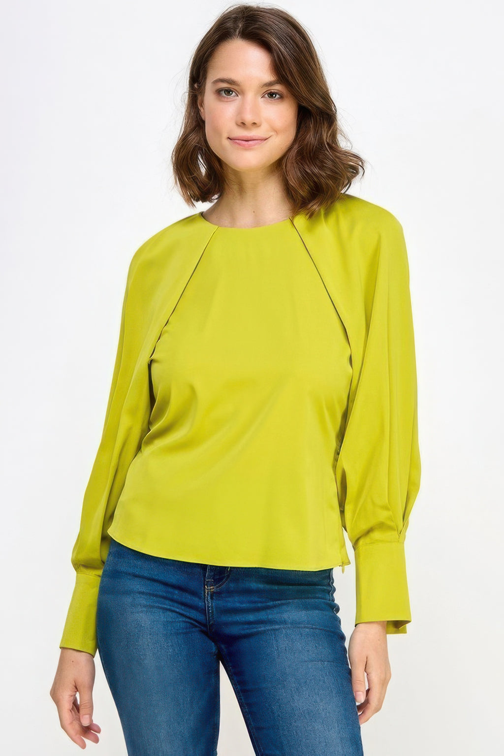 Raglan long sleeve top with back neck tie, citron yellow, raglan sleeves