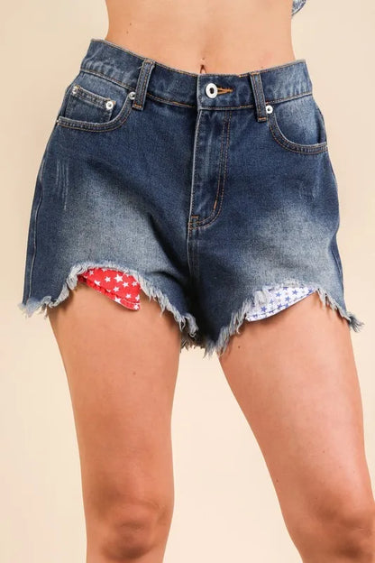 Raw Hem Pocketed Contrast Washed Denim Shorts - Tigbul's Variety Fashion Shop