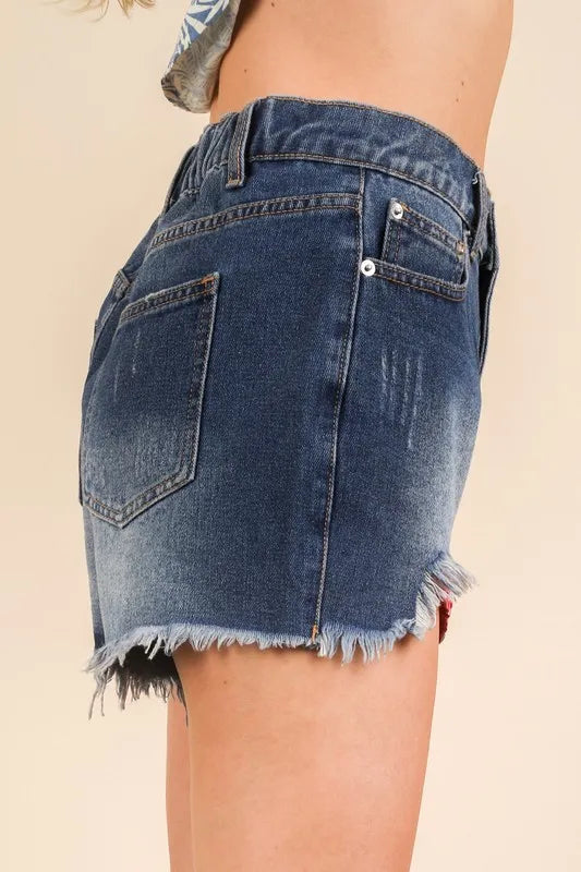 Raw Hem Pocketed Contrast Washed Denim Shorts - Tigbul's Variety Fashion Shop