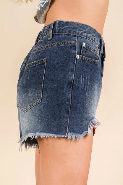 Raw Hem Pocketed Contrast Washed Denim Shorts - Tigbul's Variety Fashion Shop