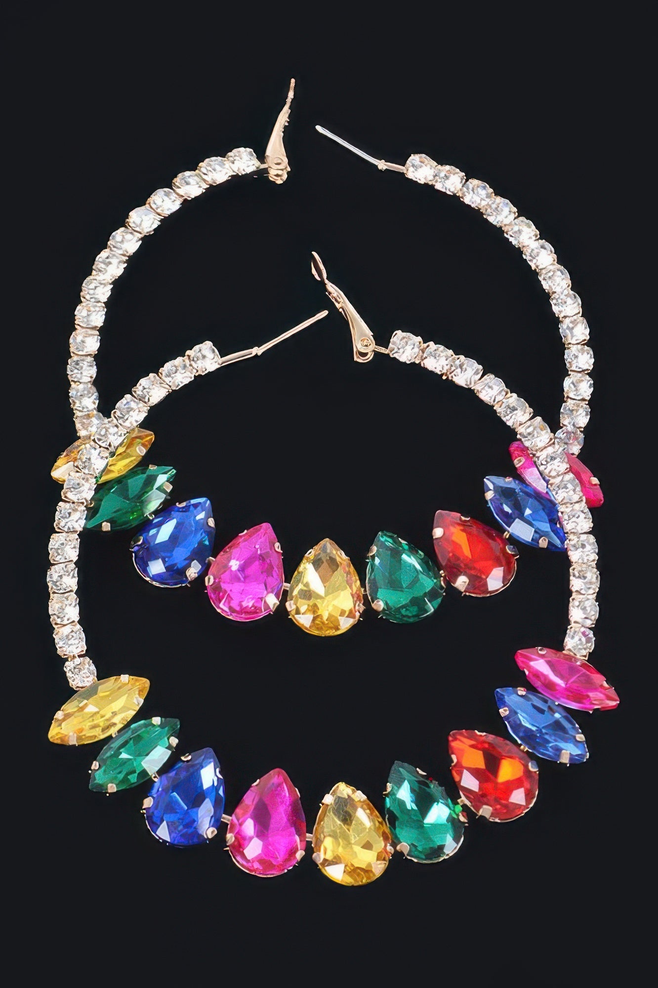 Rectangle dangle earrings, multicolor stones on silver-tone hoop