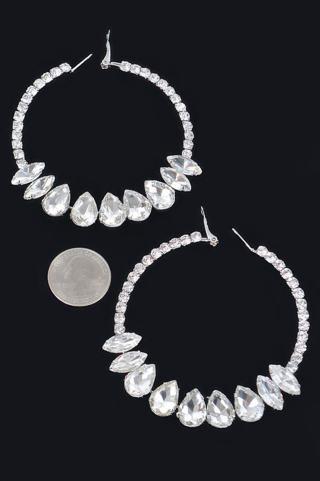 Rectangle dangle earrings pair, silver-tone with clear teardrop stones
