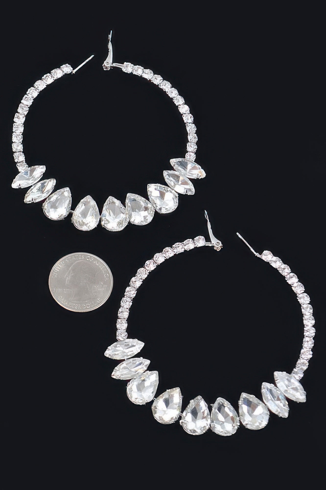 Rectangle dangle earrings pair, silver-tone with clear teardrop stones