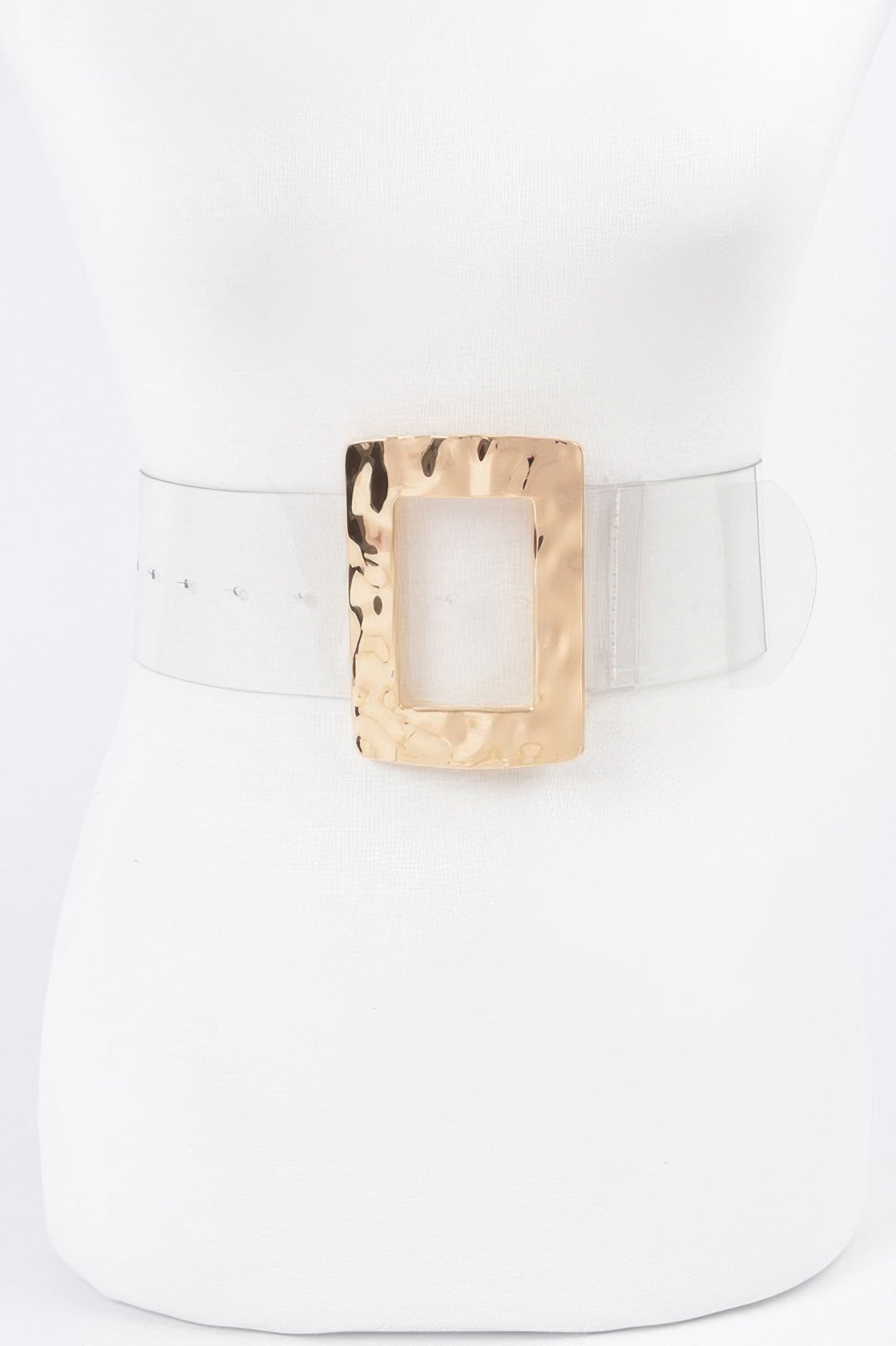 Clear plus-size belt with rectangular gold-tone buckle, front view