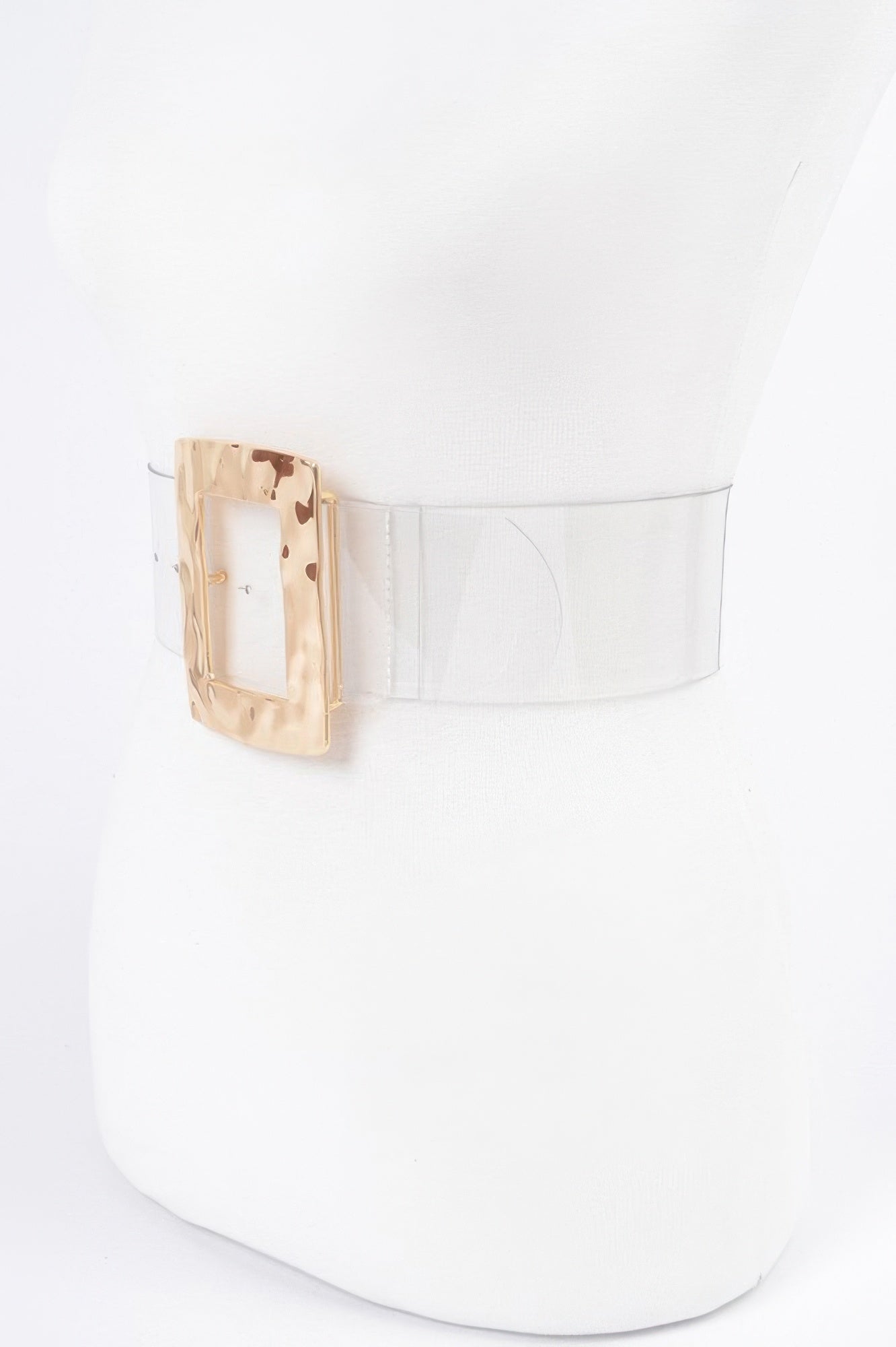 Clear plus-size belt with rectangular gold-tone buckle, side view