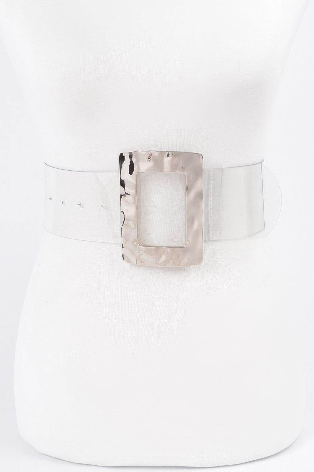 Clear plus-size belt with rectangular silver-tone buckle, front view