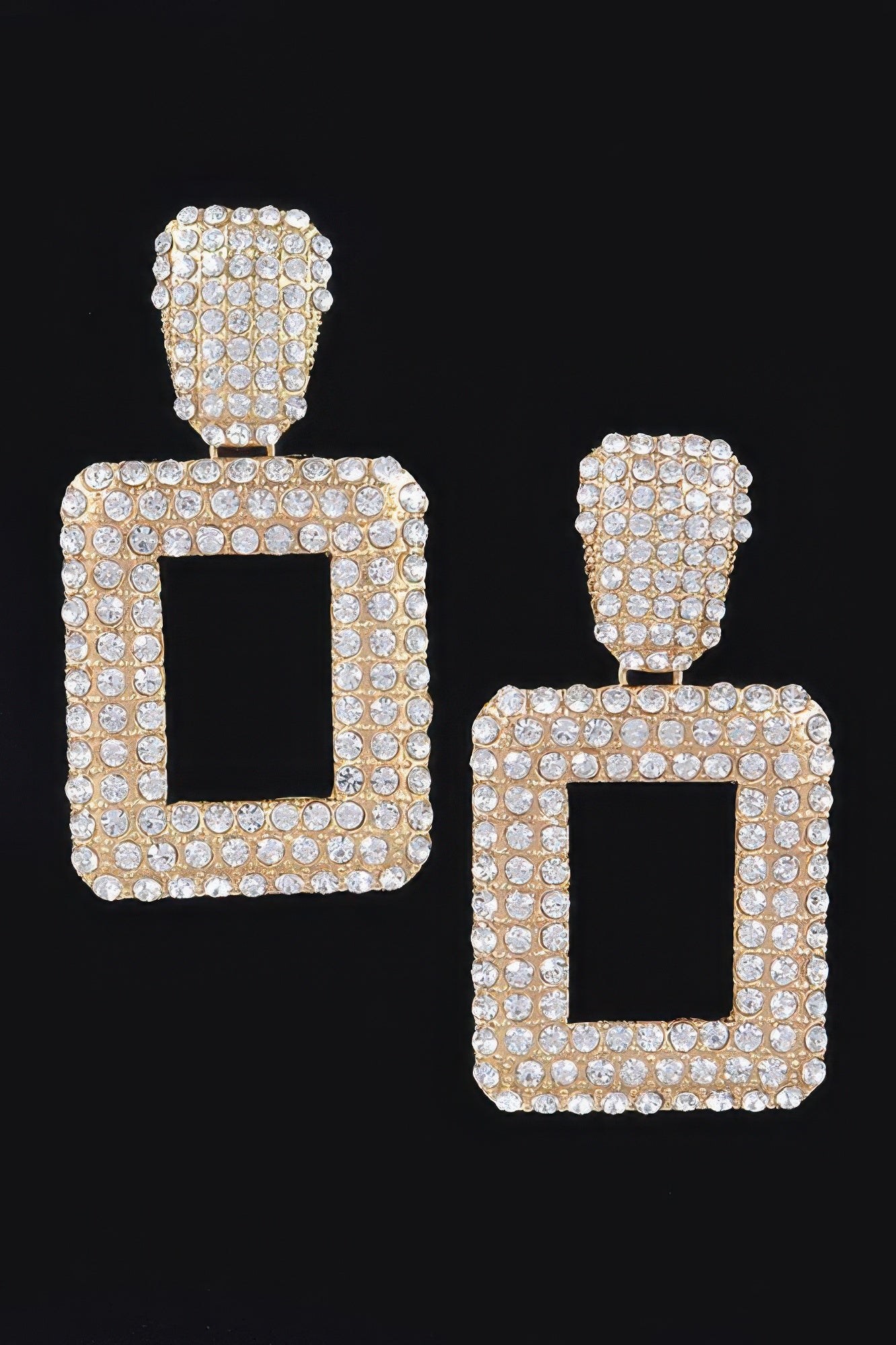 Rectangular chain-drop earrings, rectangular open frame with gold-tone rhinestones