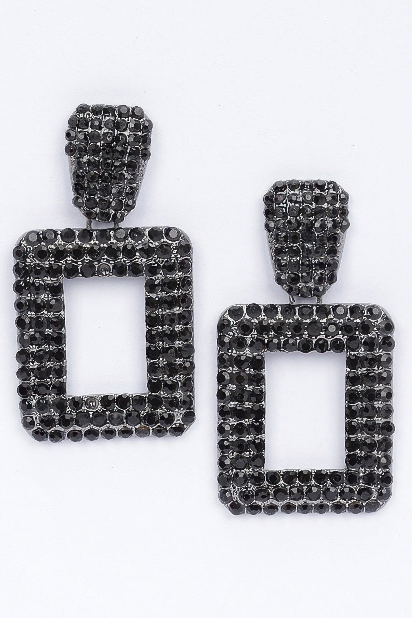 Rectangular chain-drop earrings, black-tone rhinestone square open frame