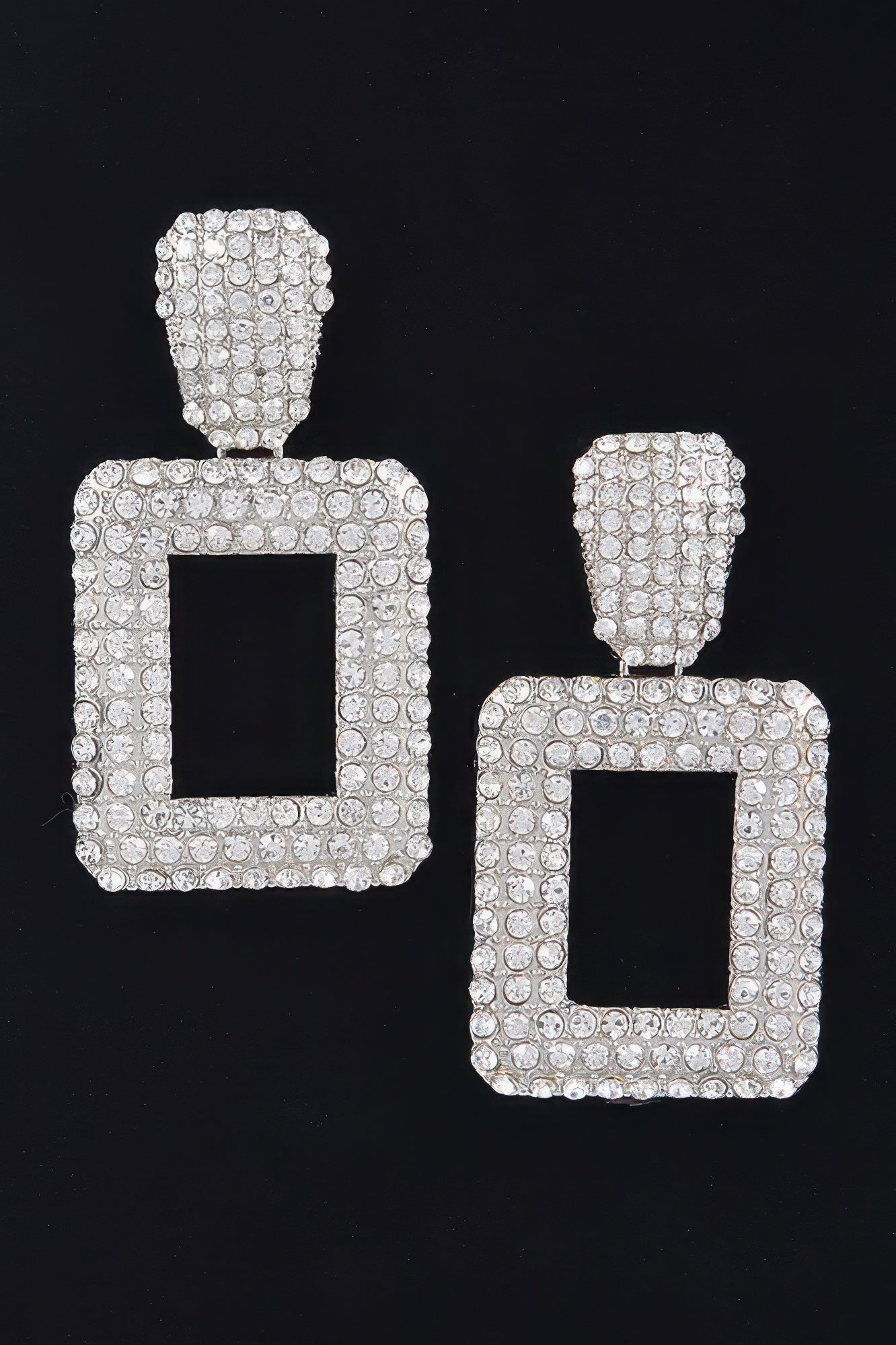 Rectangular chain-drop earrings, silver-tone rhinestone open rectangle with studs