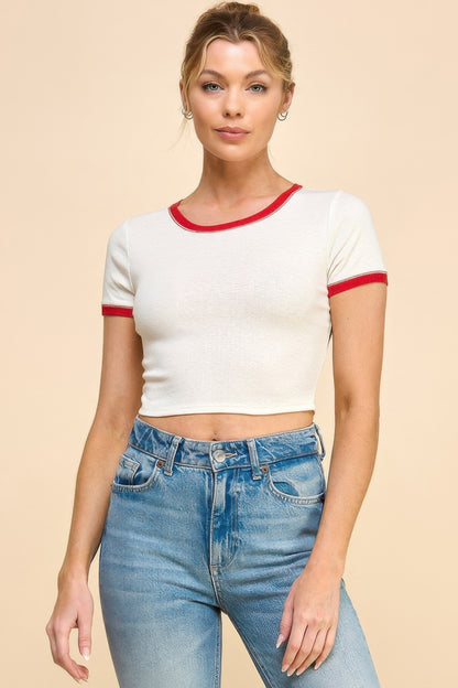 Red Contrast Reverse Stitch Ringer Top - Tigbul's Variety Fashion Shop