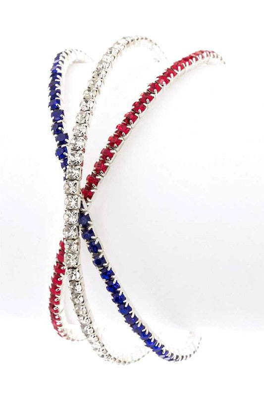 Red, white & blue rhinestone cuff bracelet with stacked strap design, O/S