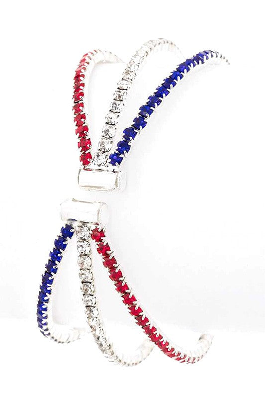 Rhinestone cuff bracelet with central square clasp; red, white and blue stones, O/S
