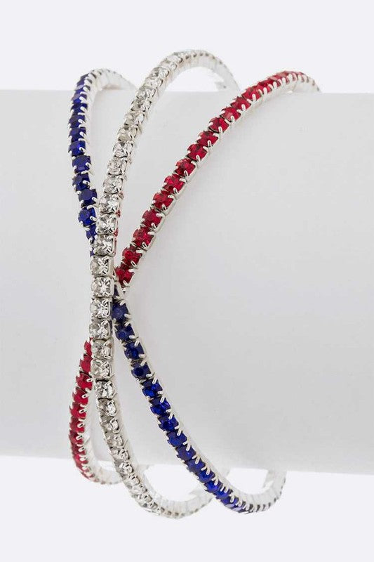 Three-row rhinestone cuff in red, white and blue with open bangle shape, O/S