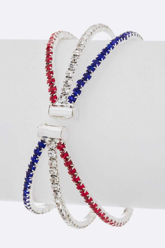Open cuff bracelet with red, white and blue rhinestone rows and square accent, O/S