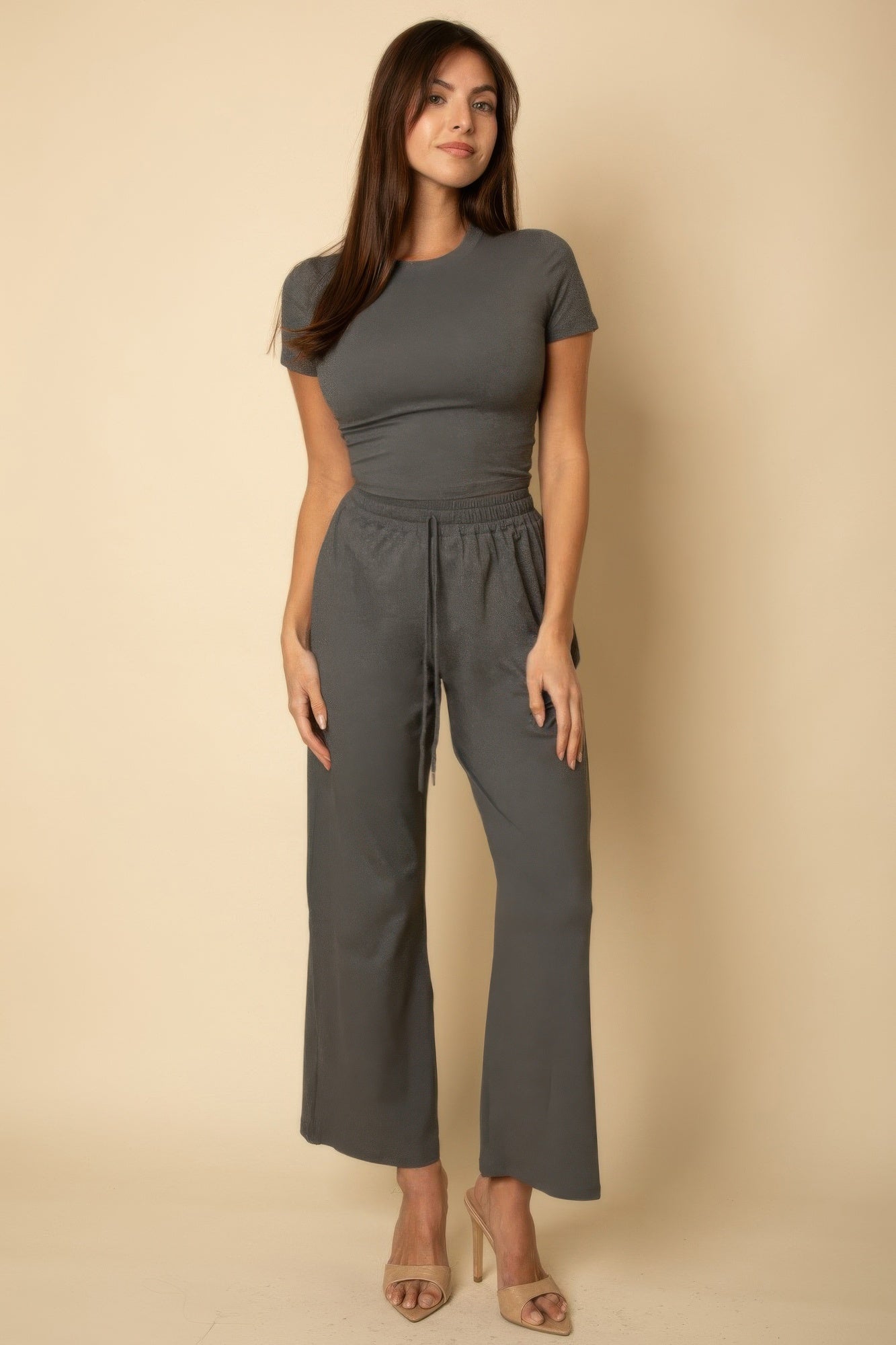 Relaxed fit top and wide-leg pants set, heather grey, short sleeves and drawstring waist