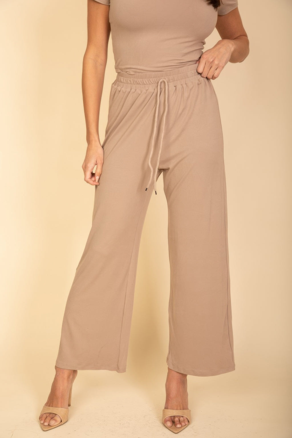 Taupe relaxed fit top and wide-leg pants, gathered elastic waist and long flowing legs