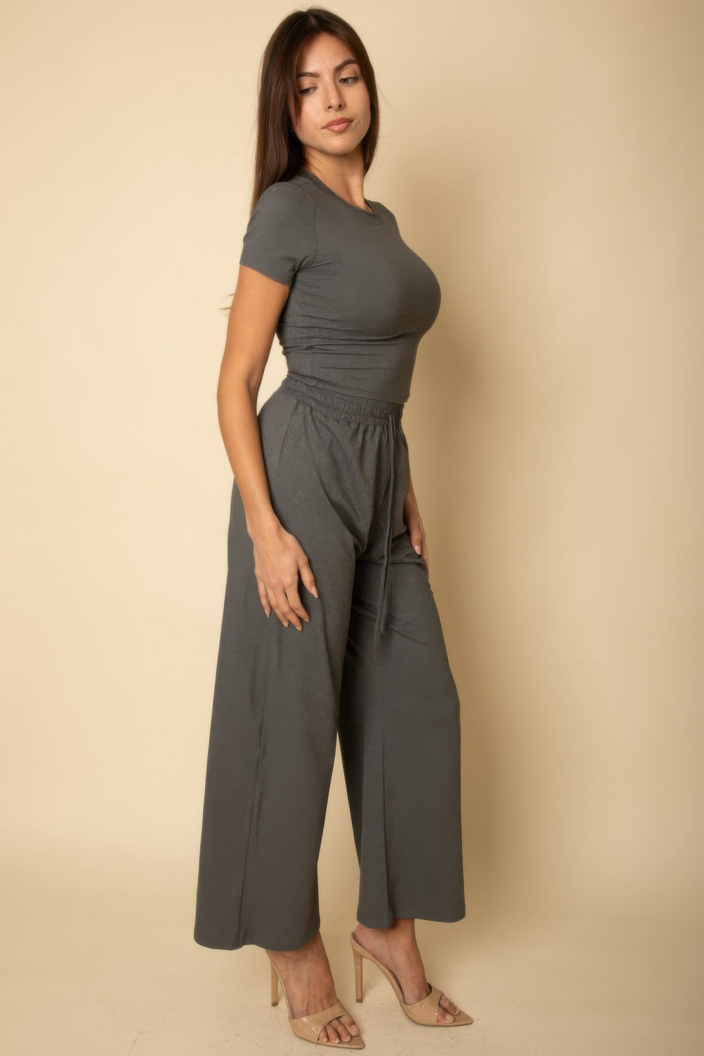 Heather grey relaxed fit top and wide-leg pants set, draped fabric and wide cropped legs