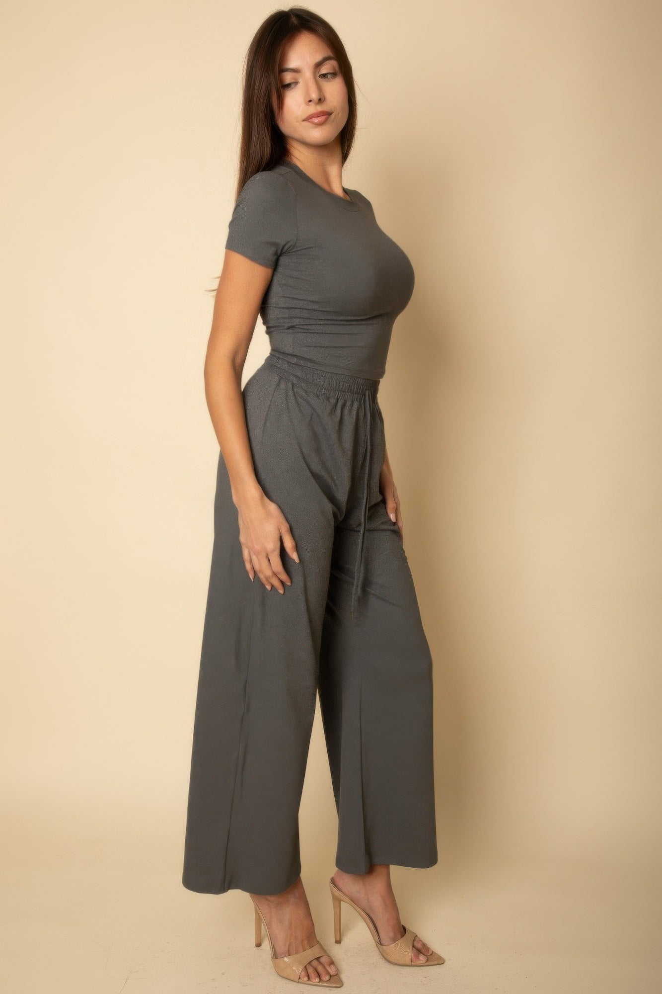 Heather grey relaxed fit top and wide-leg pants set, draped fabric and wide cropped legs