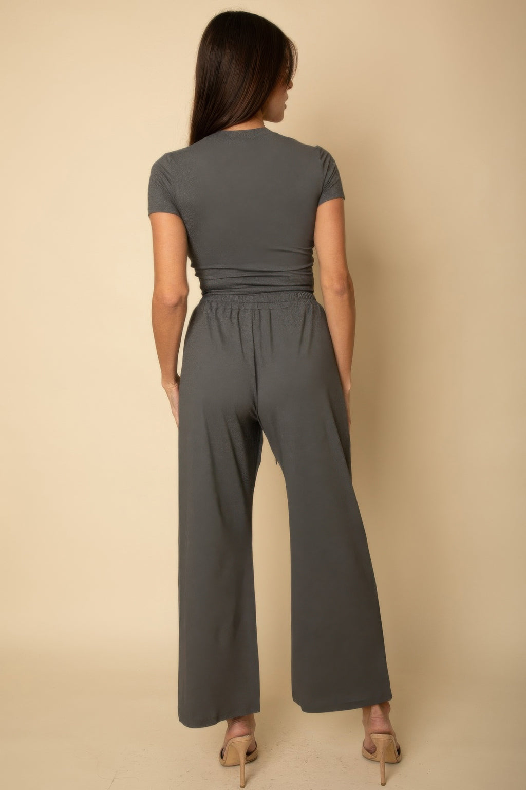 Heather grey back view of relaxed fit top and wide-leg pants, gathered elastic waist