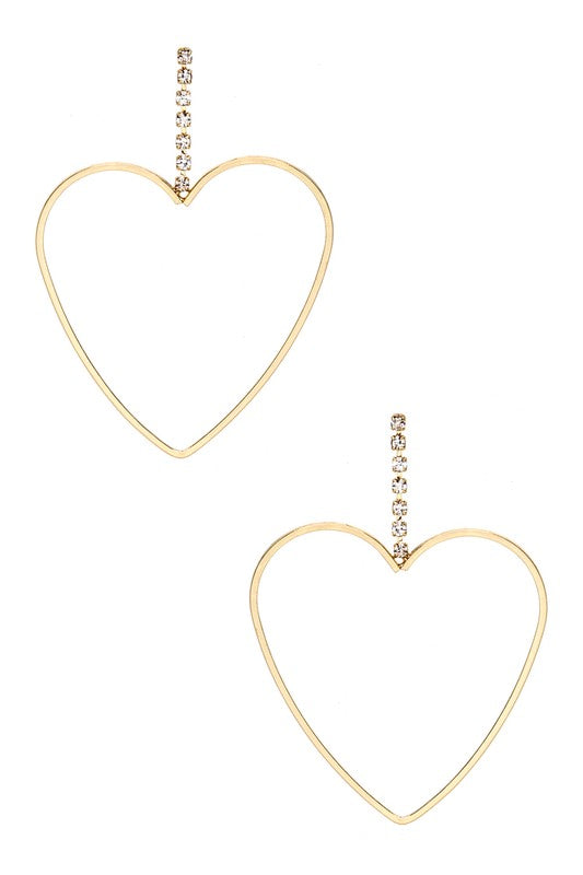 Gold rhinestone heart drop earrings with open heart outline and dangling crystal bar
