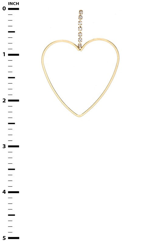 Gold rhinestone heart drop earrings shown with size scale; open heart outline