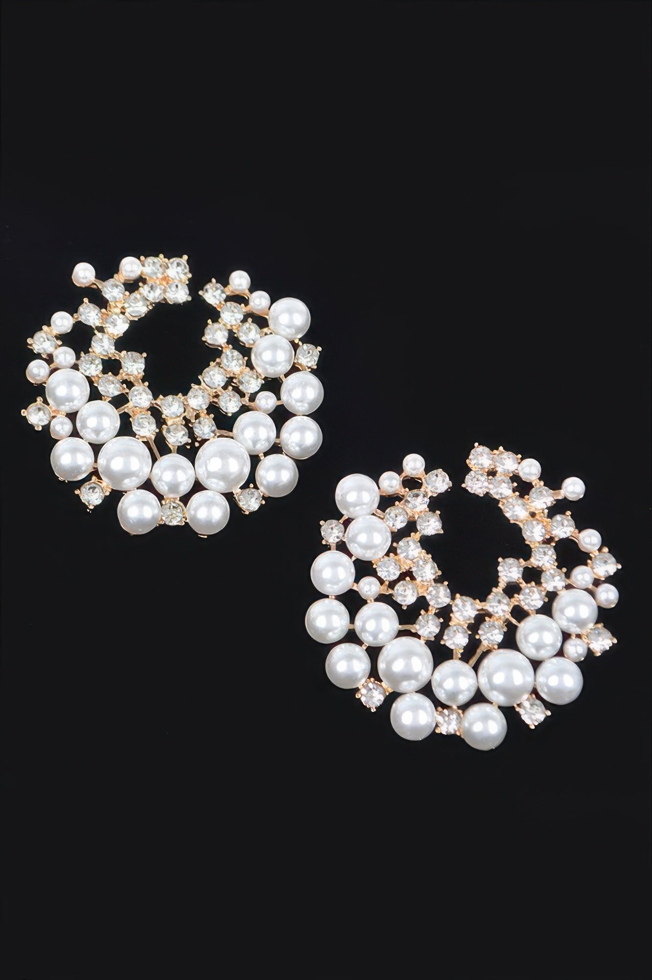 Gold-tone rhinestone and pearl hoop stud earrings, sparkling crystal accents.