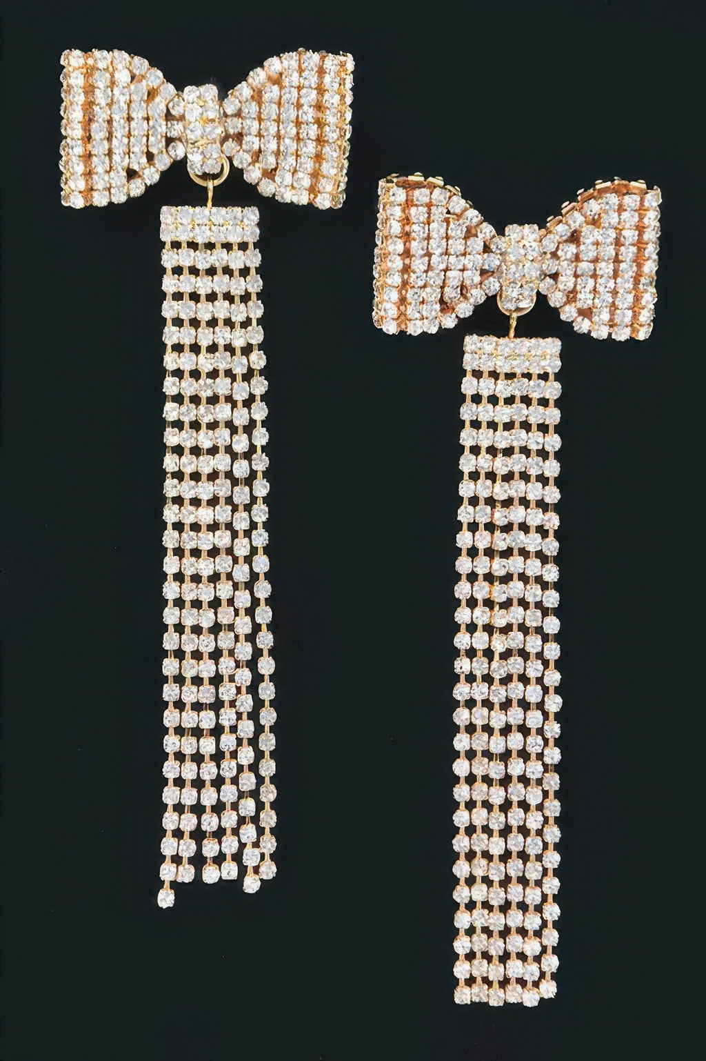 Gold-tone rhinestone bow fringe earrings with long dangling bead strands