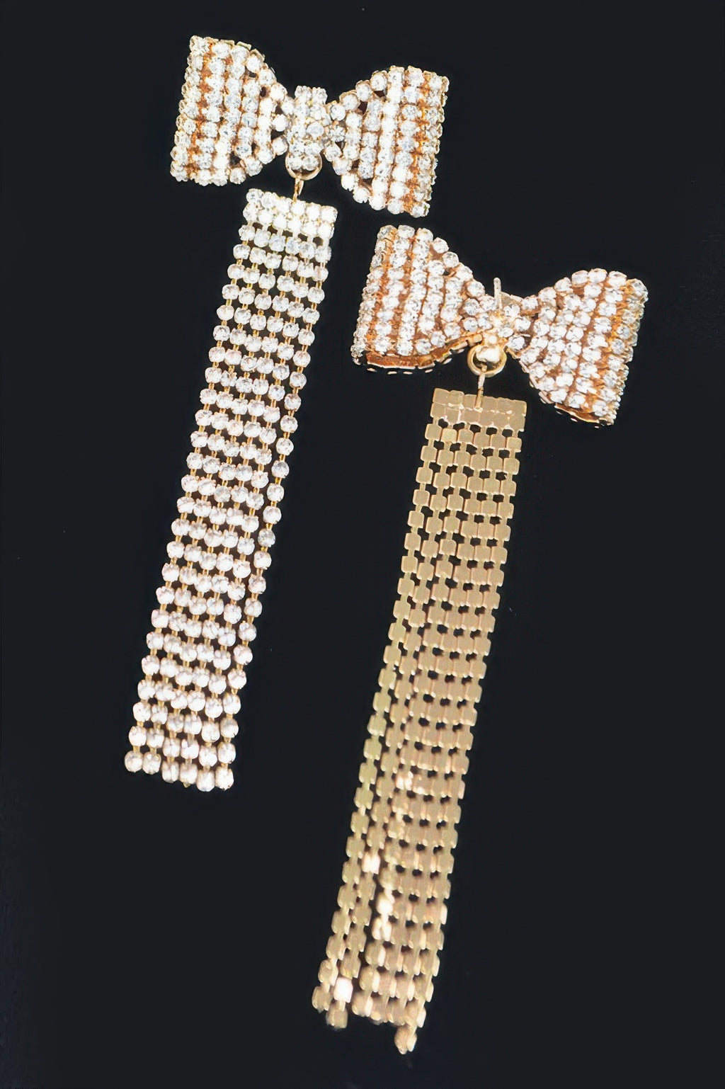 Gold-tone rhinestone bow fringe earrings, long dangling bead tassels