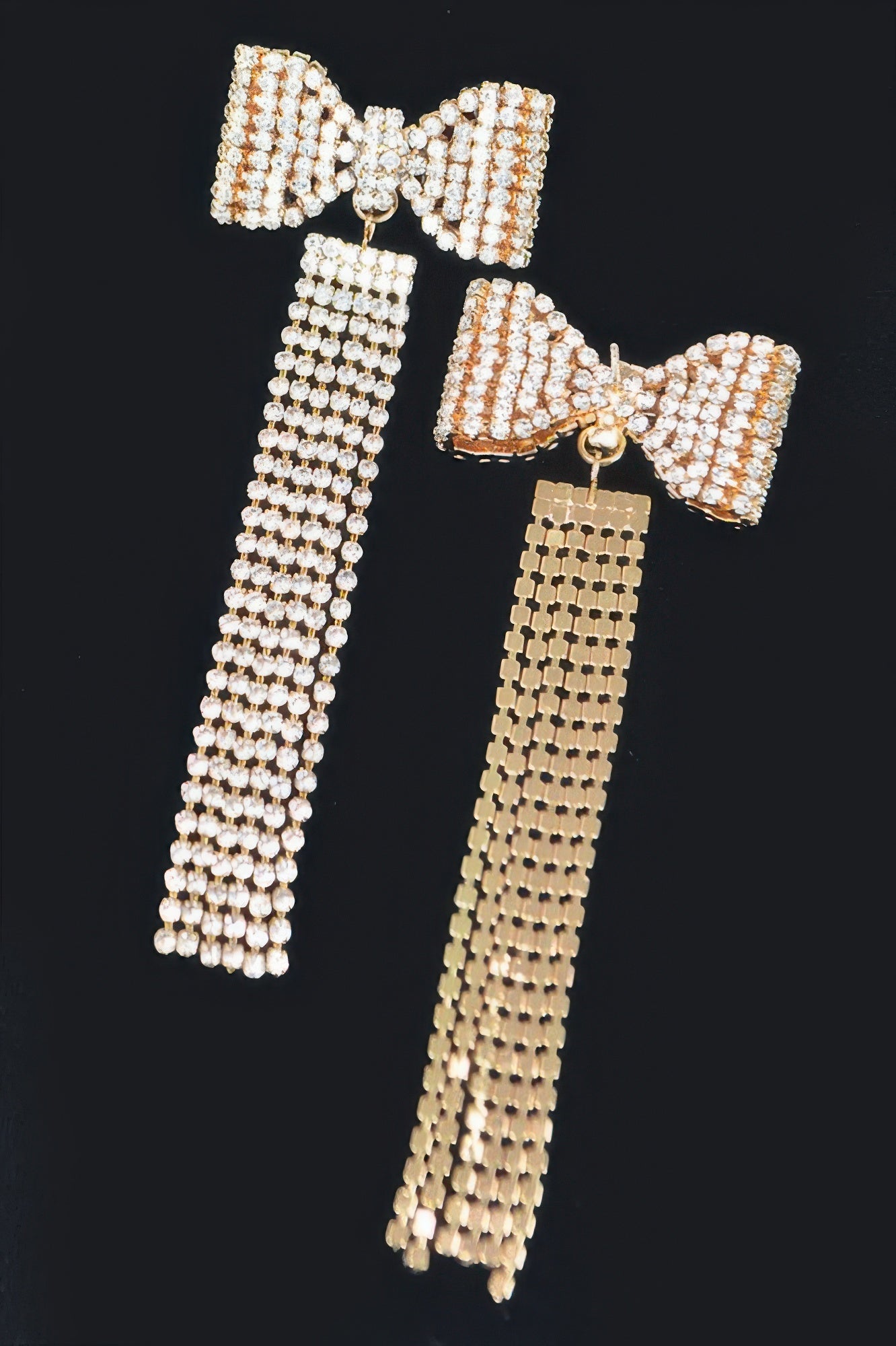 Gold-tone rhinestone bow fringe earrings, long dangling bead tassels