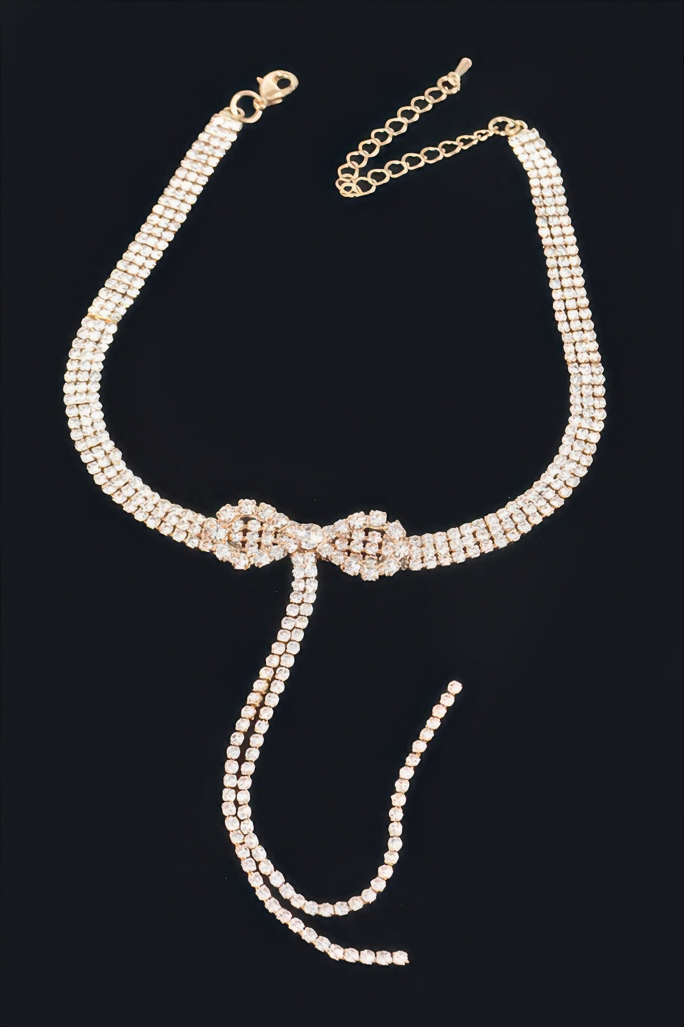 Rhinestone bow string choker, gold-tone with extended drop and back chain