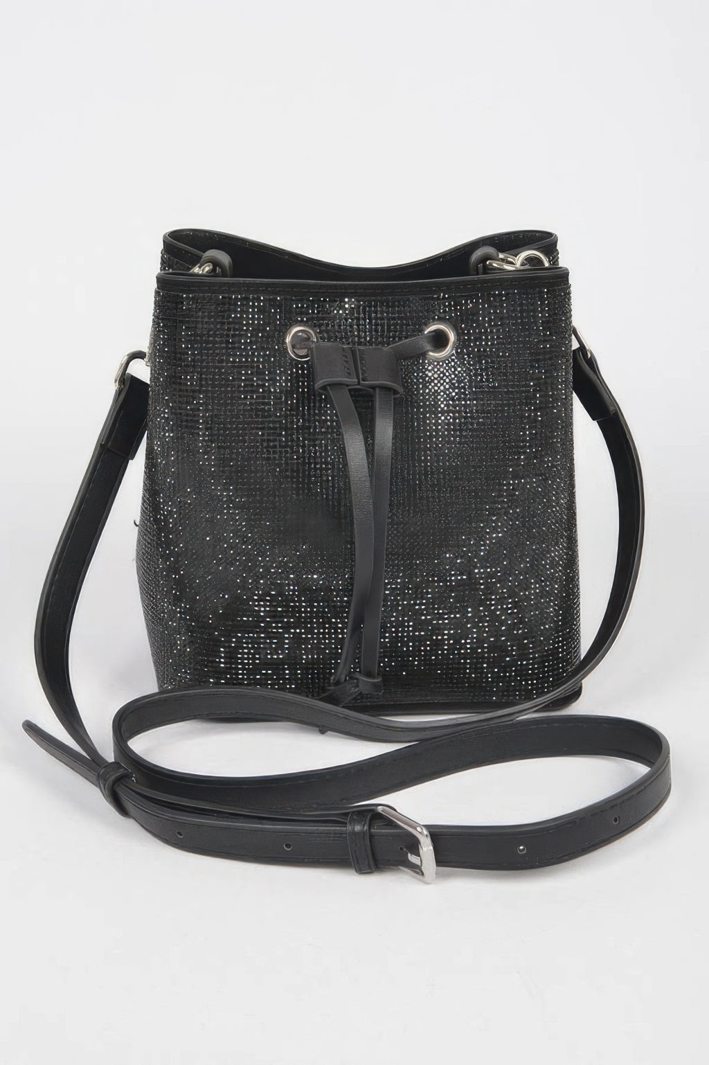 Rhinestone bucket bag in black with drawstring and crossbody strap