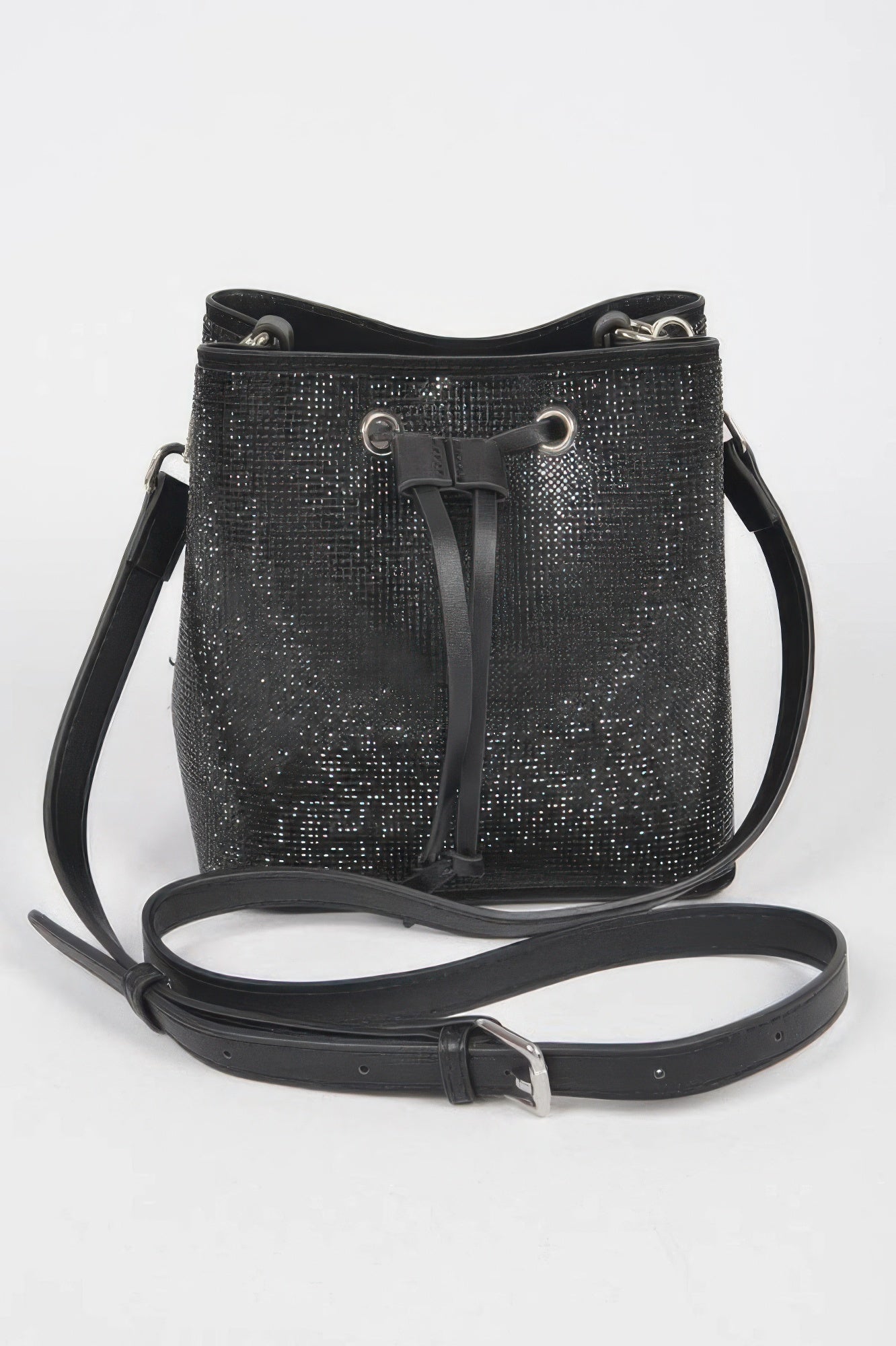 Rhinestone bucket bag in black with drawstring and crossbody strap