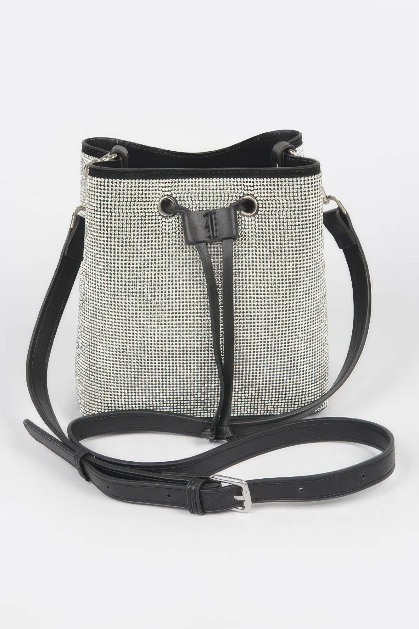 Silver rhinestone bucket bag with black drawstring and adjustable crossbody strap