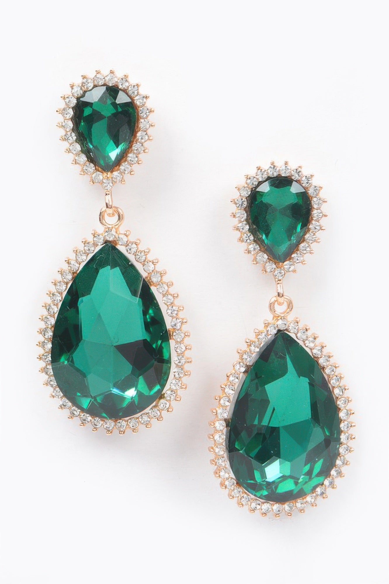 Green rhinestone dangle earrings with gold-tone halos and teardrop drops