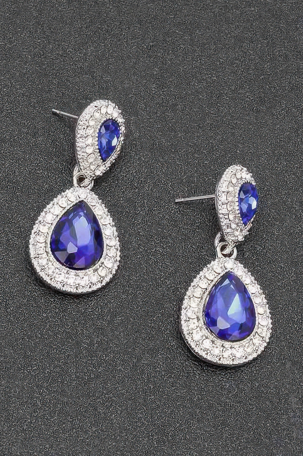 Rhinestone dangle earrings in cobalt blue teardrop with silver-tone hoop and stones