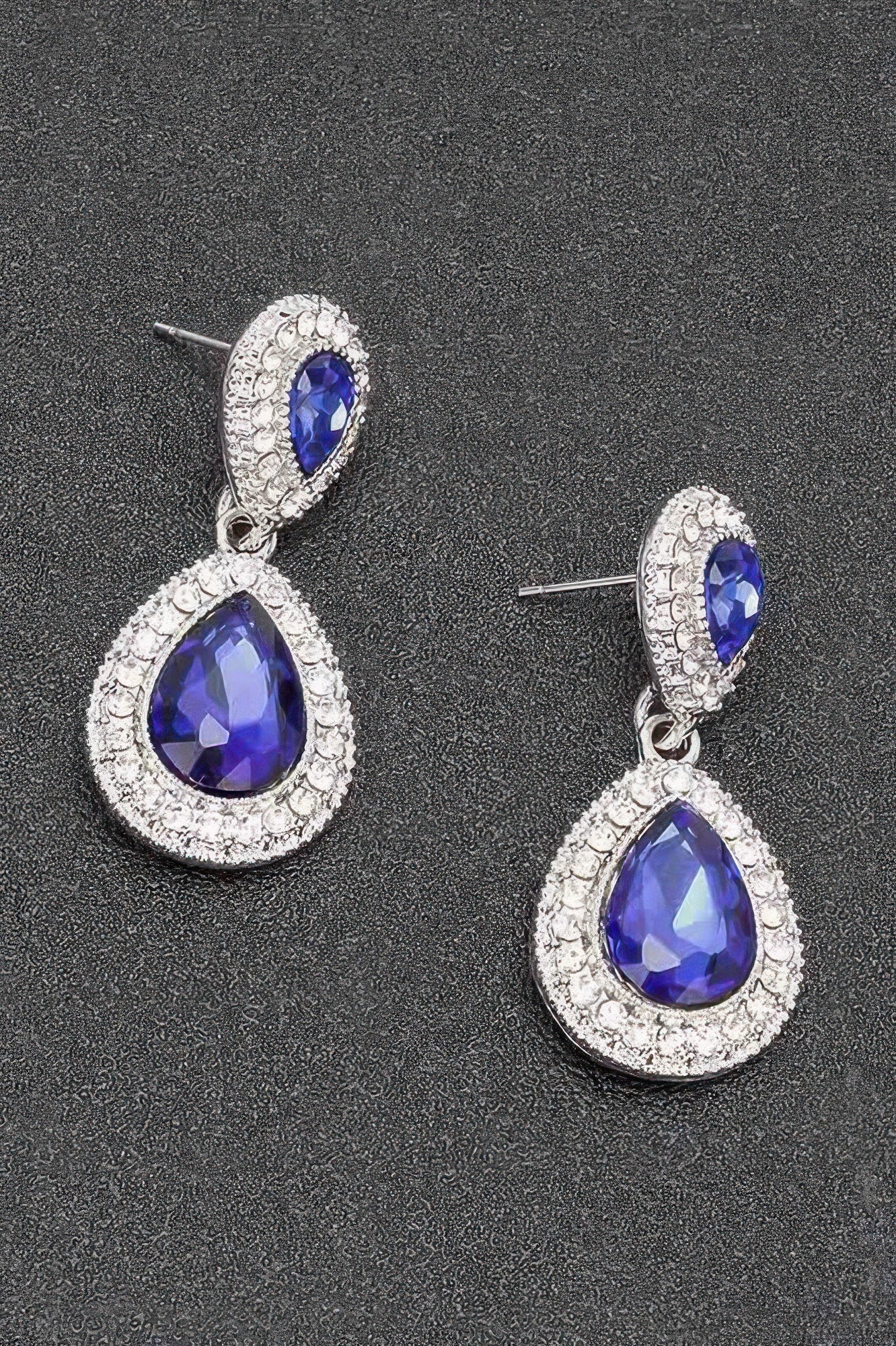 Rhinestone dangle earrings in cobalt blue teardrop with silver-tone hoop and stones