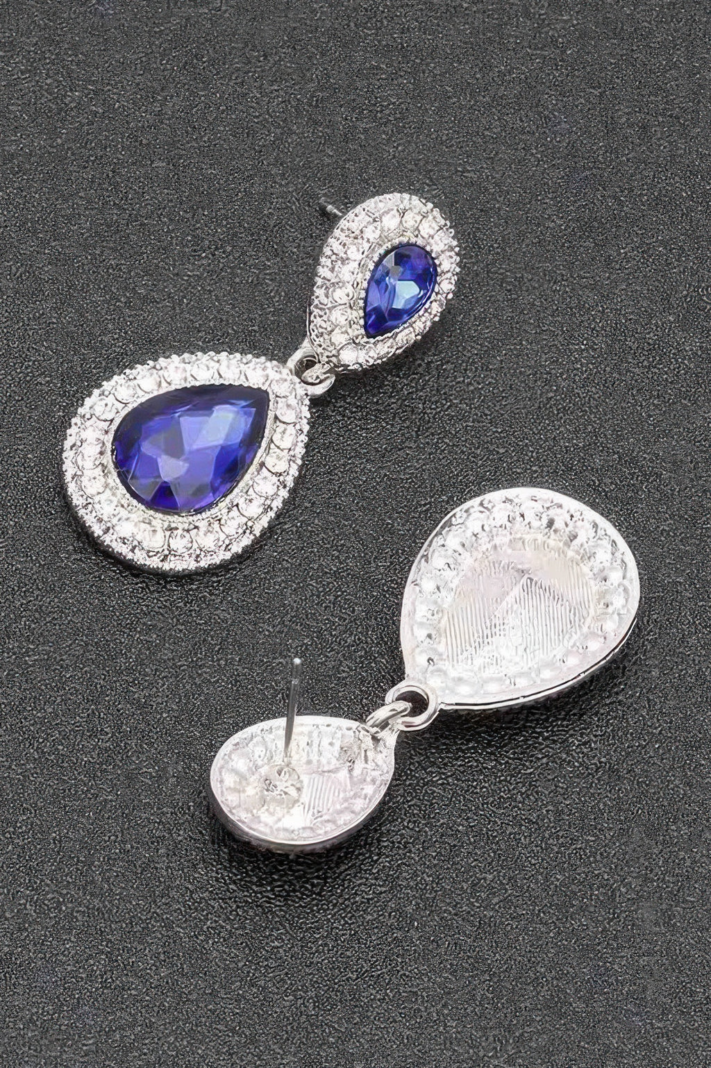 Rhinestone dangle earrings with white/clear stones and oval teardrop drops, silver-tone