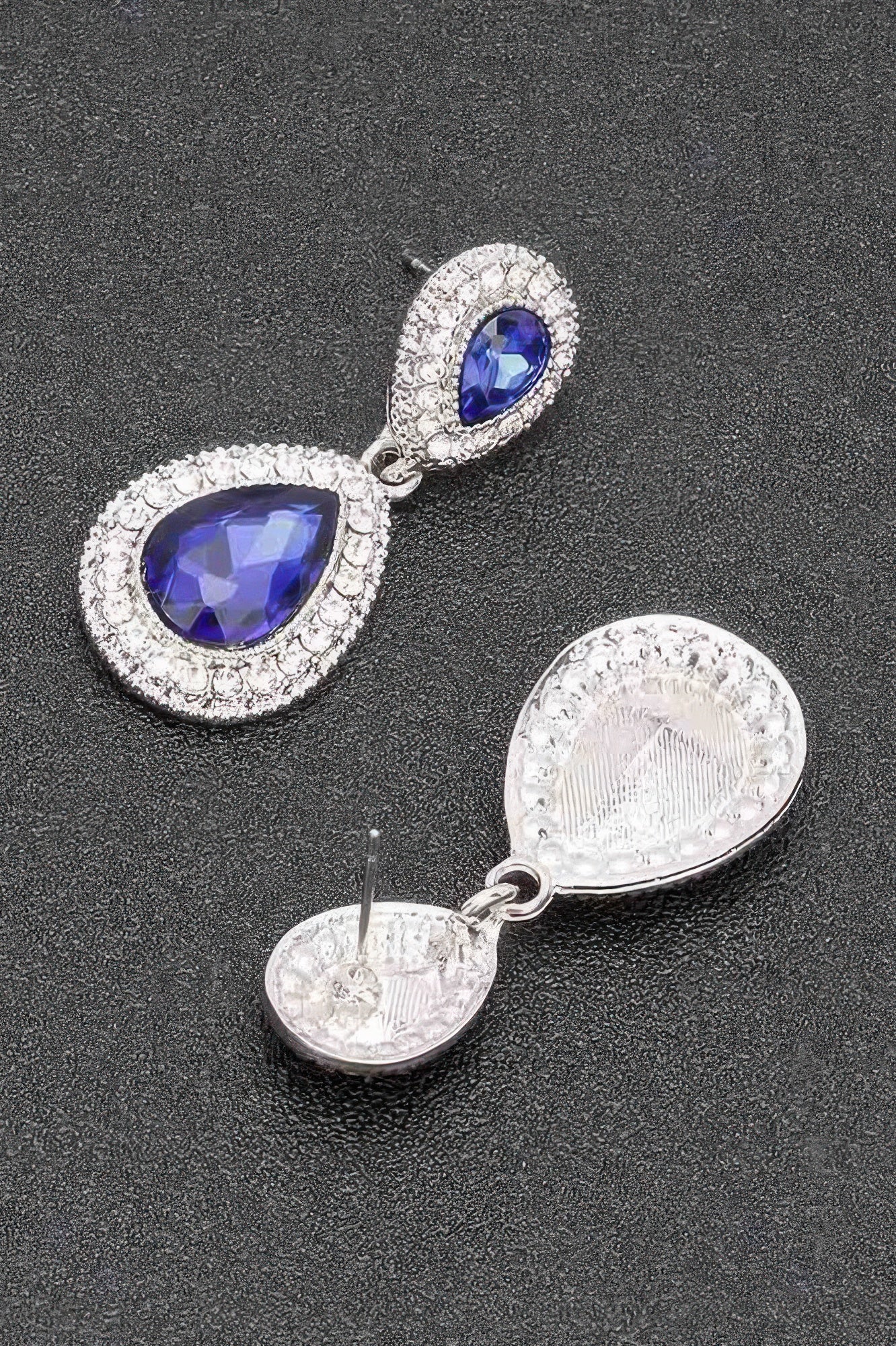 Rhinestone dangle earrings with white/clear stones and oval teardrop drops, silver-tone